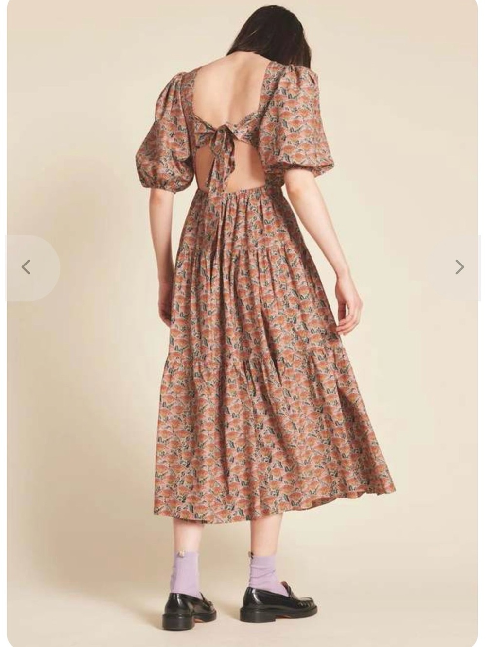 Trovata Daphne Dress Floral Puff-Sleeve Tie-Back Midi Dress in Rust Flower NEW